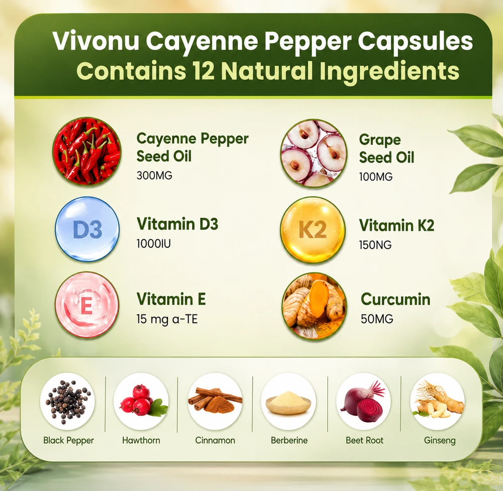 Vivonu Cayenne Pepper Capsules ingredients list with images and names on a green background