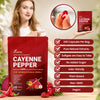Woman holding a red package of Vivonu Cayenne Pepper supplement with product details on a wooden surface.