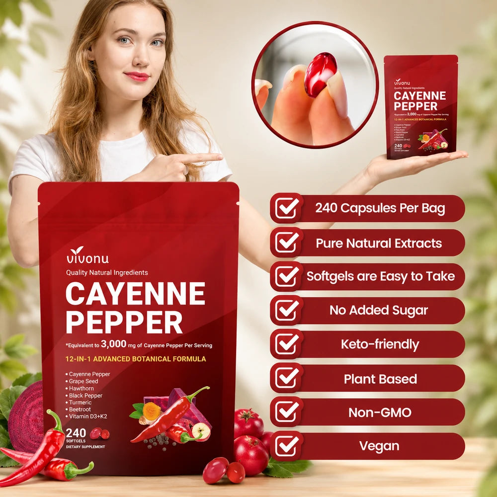 Woman holding a red package of Vivonu Cayenne Pepper supplement with product details on a wooden surface.