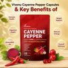 Vivonu Cayenne Pepper Capsules packaging with key benefits on a wooden surface.