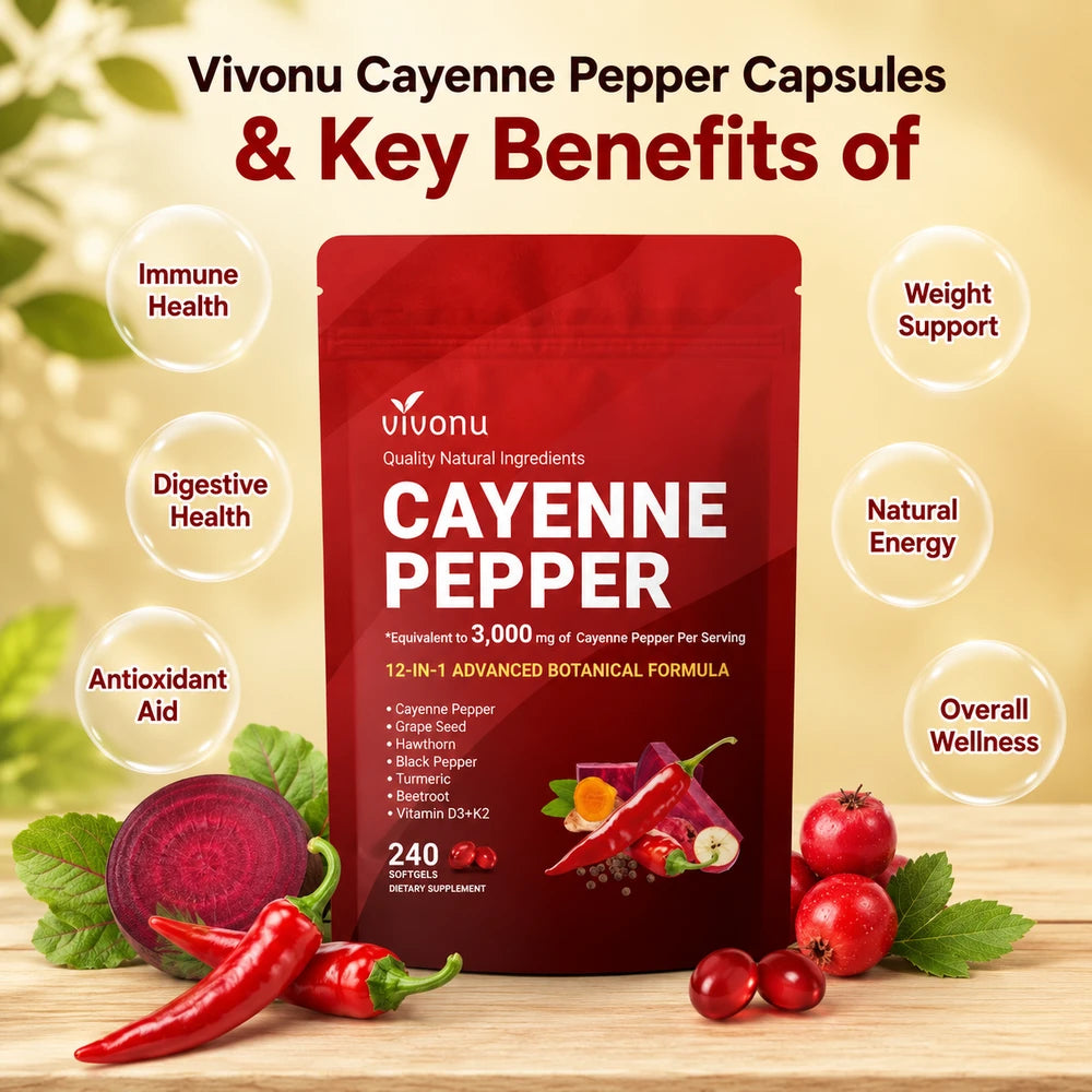 Vivonu Cayenne Pepper Capsules packaging with key benefits on a wooden surface.