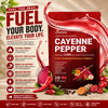 Vivonu Cayenne Pepper supplement packaging with promotional text and ingredients on a beige background.