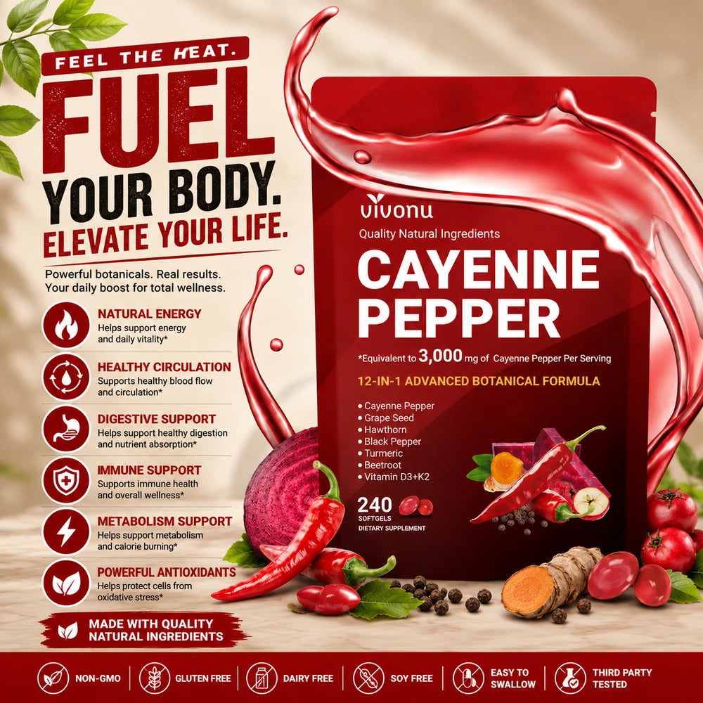 Vivonu Cayenne Pepper supplement packaging with promotional text and ingredients on a beige background.