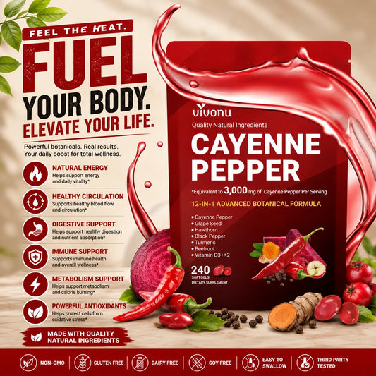 Vivonu Cayenne Pepper supplement packaging with promotional text and ingredients on a beige background.