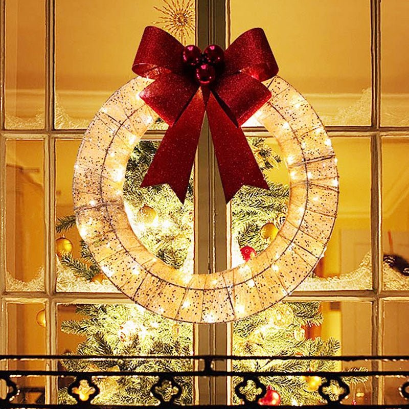 Christmas Garland 50CM Luminous LED Warm Light Metal Luminous Wreath With Big Bowknot Christmas Front Door Home Holiday Party Door Hanging Decor - GOT THIS 4 YOU