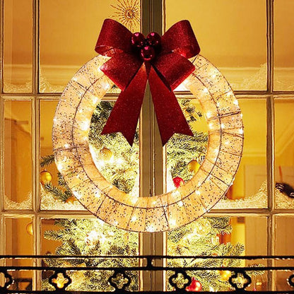 Christmas Garland 50CM Luminous LED Warm Light Metal Luminous Wreath With Big Bowknot Christmas Front Door Home Holiday Party Door Hanging Decor - GOT THIS 4 YOU