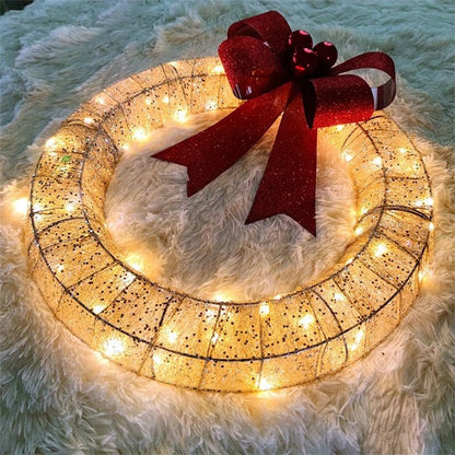 Christmas Garland 50CM Luminous LED Warm Light Metal Luminous Wreath With Big Bowknot Christmas Front Door Home Holiday Party Door Hanging Decor - GOT THIS 4 YOU