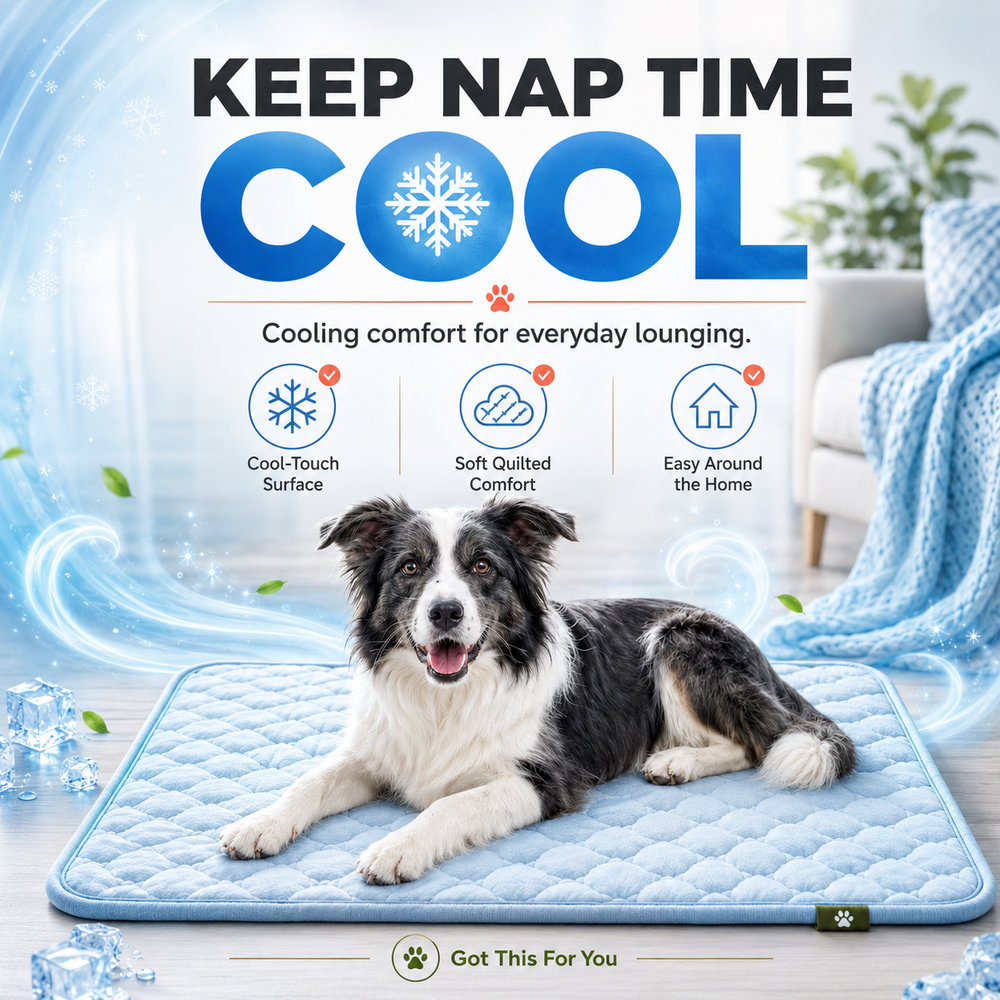 A black and white dog lies on a light blue quilted cooling pet mat in a bright living room setting. Large text at the top reads 'KEEP NAP TIME COOL' with feature icons for cool-touch surface, soft quilted comfort, and easy around the home setup.