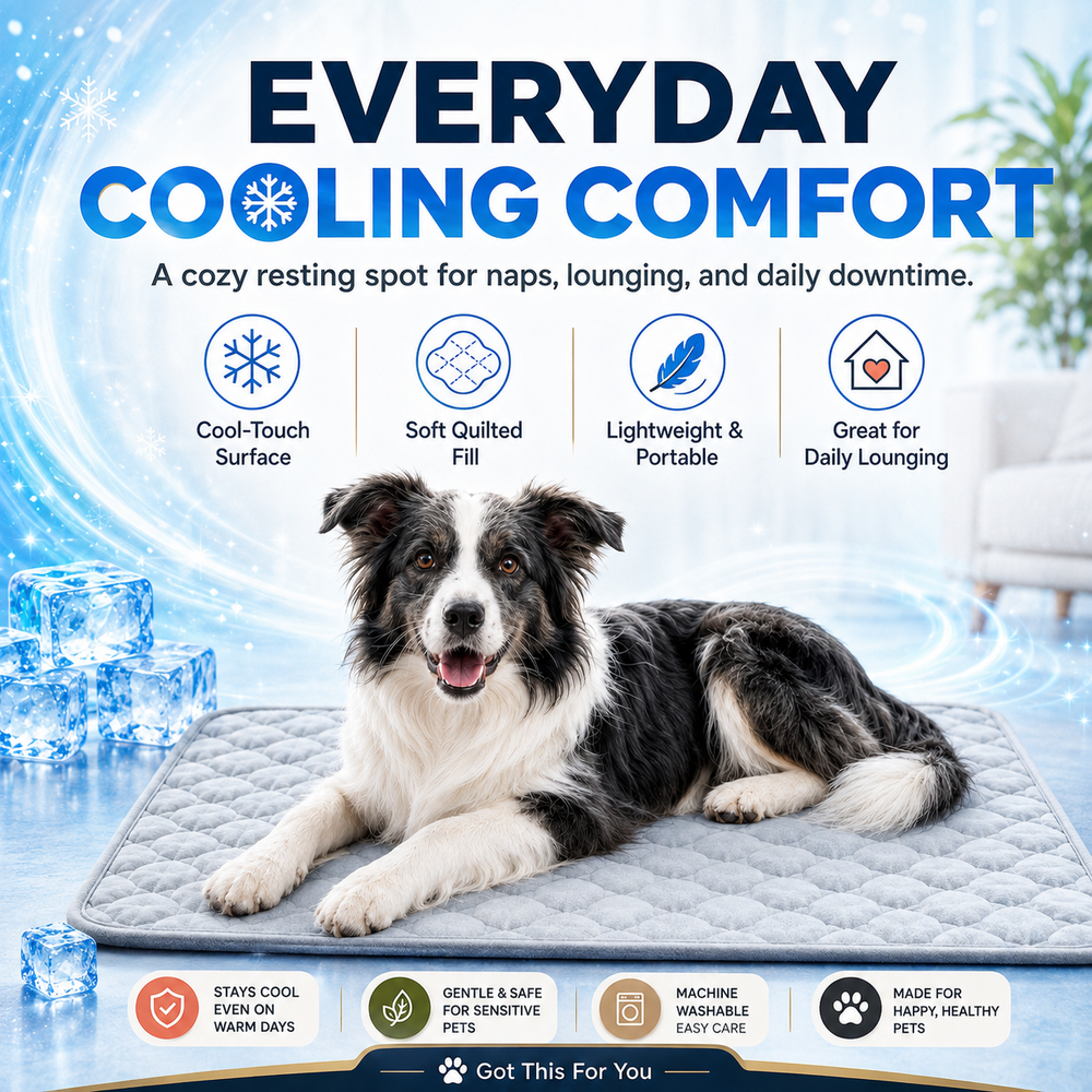A black and white dog lies on a quilted cooling mat in a bright promotional scene with the text 'EVERYDAY COOLING COMFORT' and feature callouts for cool-touch surface, soft quilted fill, lightweight portability, and suitability for daily lounging.
