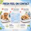 Promotional graphic for a pet cooling mat with three illustrated and photographed panels showing a dog lying down on the mat. Large headline text reads 'FRESH FEEL ON CONTACT' with steps 1 to 3 labeled 'Lie Down,' 'Fresh Contact,' and 'Relax & Rest,' plus feature callouts for a smooth quilted top and everyday use.