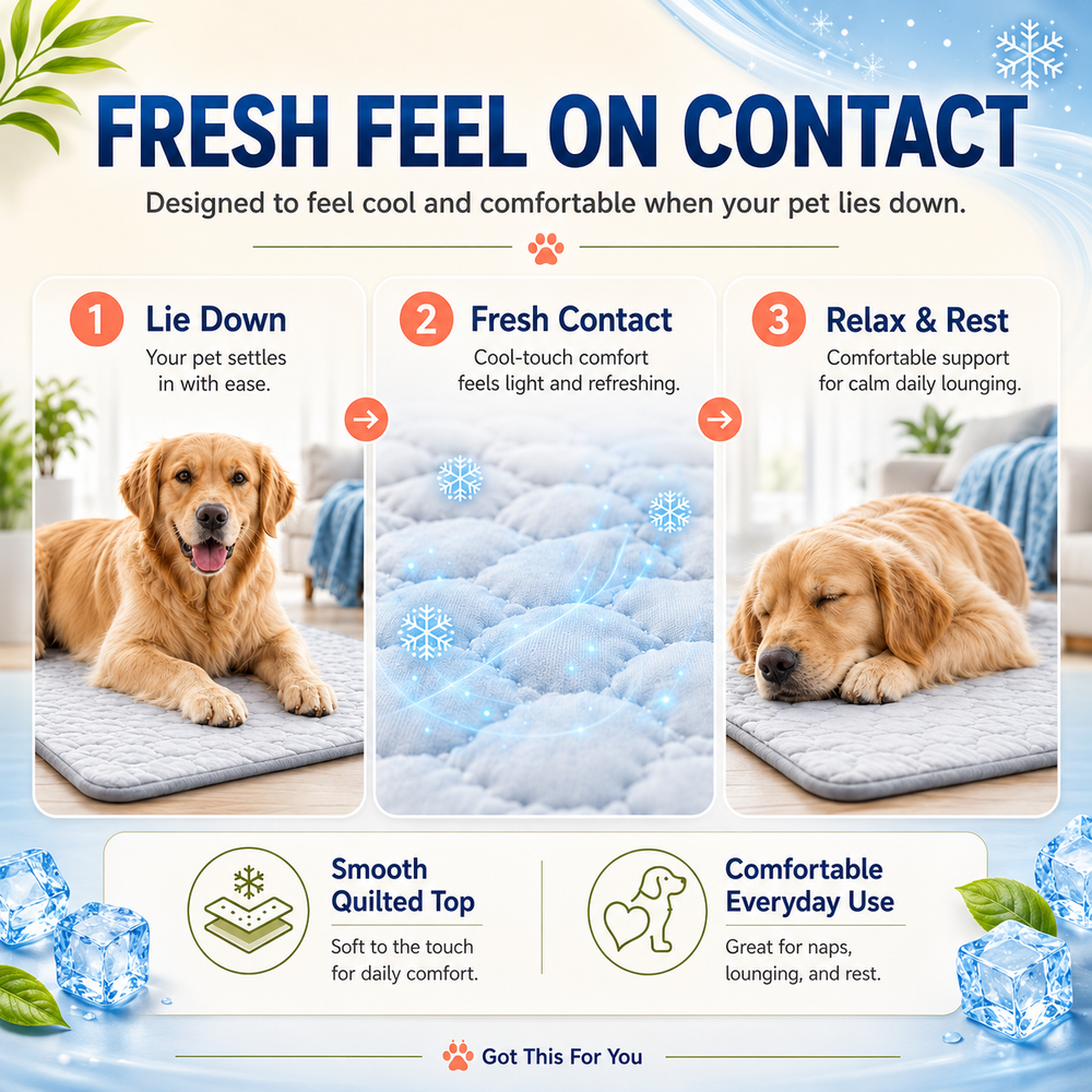 Promotional graphic for a pet cooling mat with three illustrated and photographed panels showing a dog lying down on the mat. Large headline text reads 'FRESH FEEL ON CONTACT' with steps 1 to 3 labeled 'Lie Down,' 'Fresh Contact,' and 'Relax & Rest,' plus feature callouts for a smooth quilted top and everyday use.