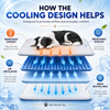 An infographic titled 'HOW THE COOLING DESIGN HELPS' shows a black-and-white dog lying on a cooling mat with layered airflow graphics and callout labels for warm body contact, breathable surface, air circulation, and fresh resting area.