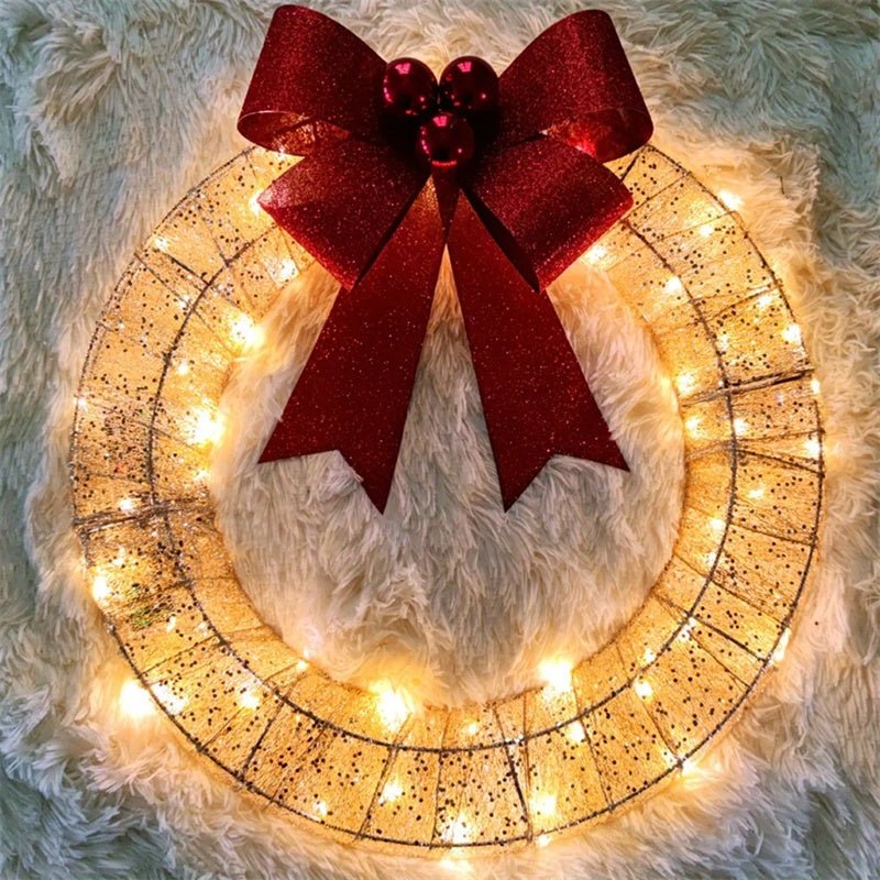 Christmas Garland 50CM Luminous LED Warm Light Metal Luminous Wreath With Big Bowknot Christmas Front Door Home Holiday Party Door Hanging Decor - GOT THIS 4 YOU