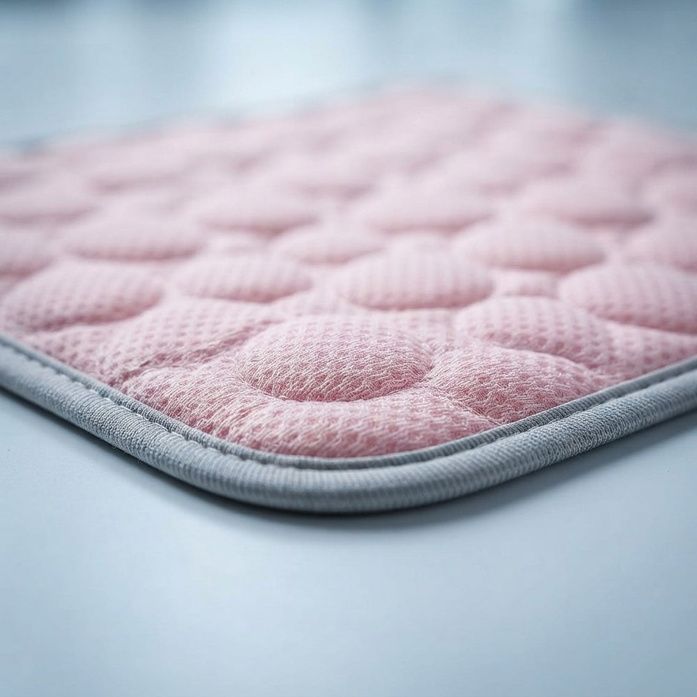 A close-up of a light pink quilted cooling mat with a gray stitched border, showing its textured mesh surface.